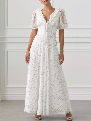 V-Neck Puff Sleeve Polka Dot Ruffle Maxi Dress