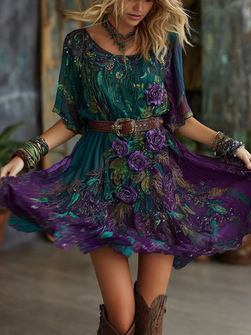 Women's Purple Floral Art Embroidered Linen Blend Round Neck Mini Dress