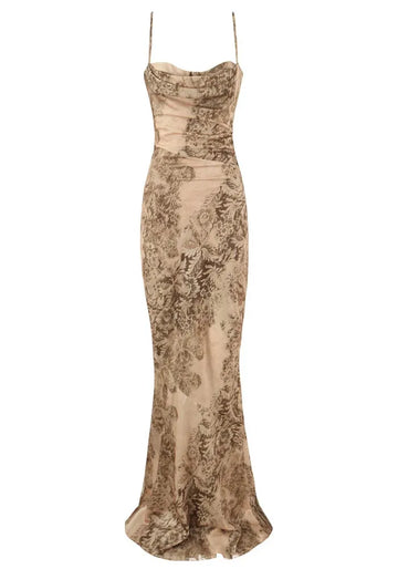Floral Print Draped Maxi Dress Khaki