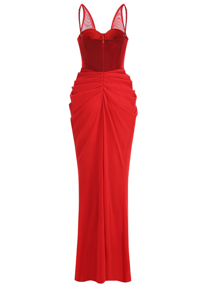 Velvet Bustier Draped Maxi Dress Red