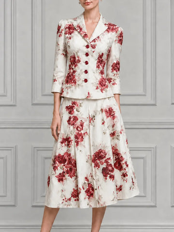 Ivory Watercolor Red Rose Print Tailored Blazer & Pleated A-Line Midi Skirt Two-Piece Suit Set