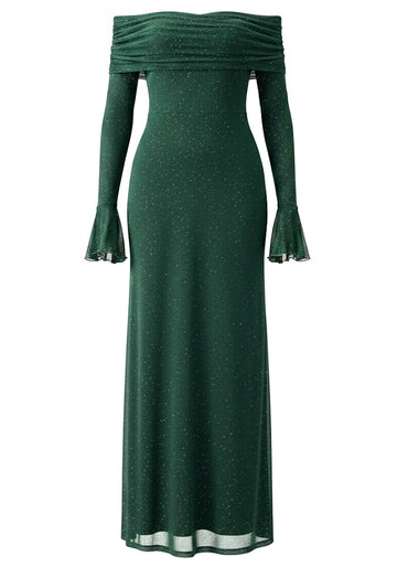 Long Sleeve Sparkly Bardot Maxi Dress Green