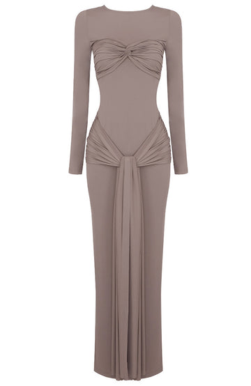 Long Sleeve Draped Detail Maxi Dress Brown