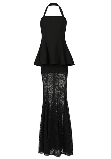 Halter Peplum Lace Two Piece Maxi Dress Black