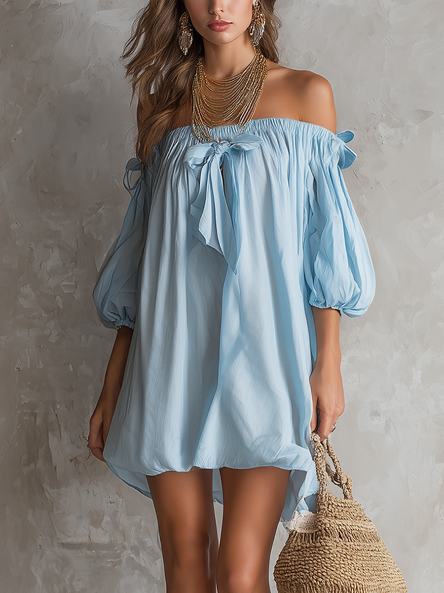 Light Blue Off Shoulder Puff Sleeve Dress