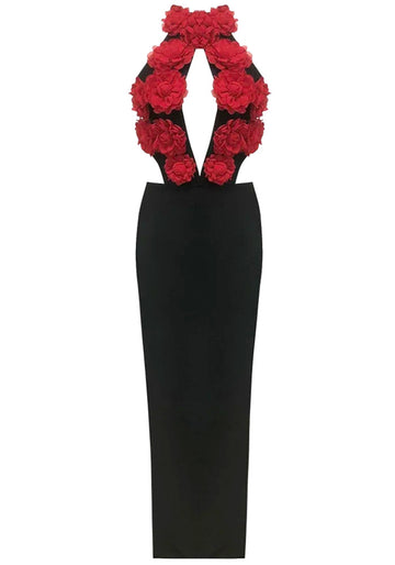 Halter Floral Cut Out Maxi Dress Black Red