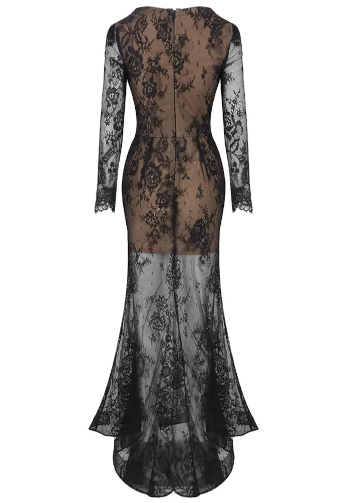 Long Sleeve Crystal Lace Maxi Dress Black