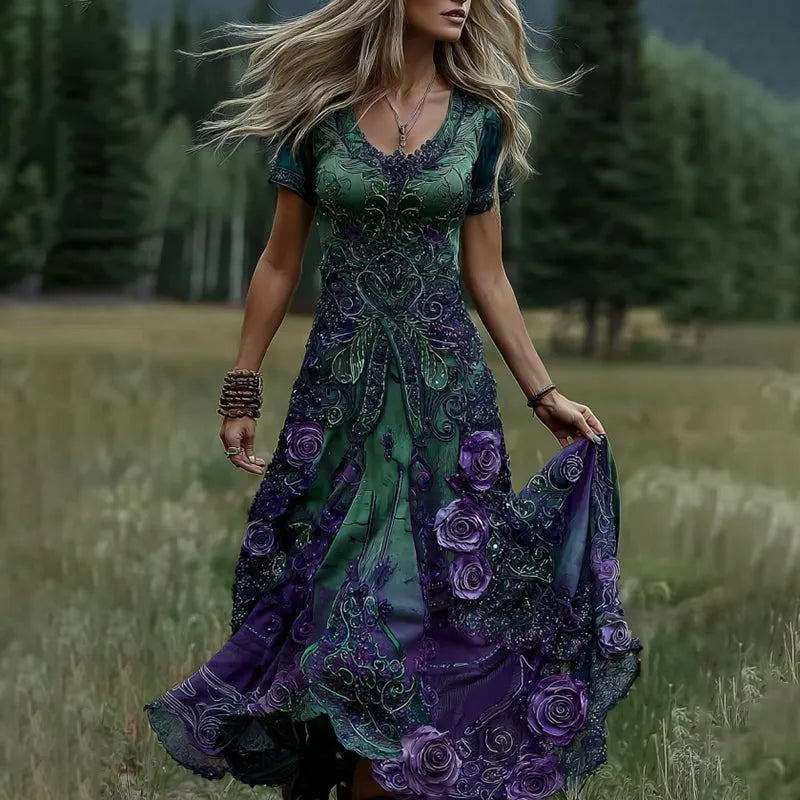Women's Vintage Floral Gradient Art Crew Neck Maxi Dress