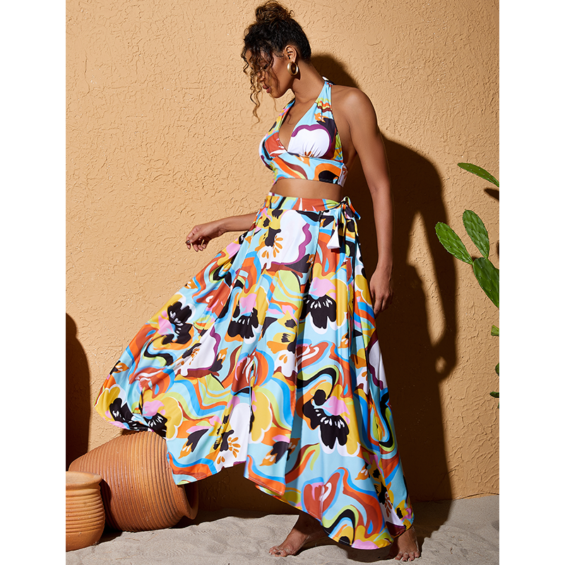 Color Block Halter Bikini Swimsuit and Skirt Flaxmaker