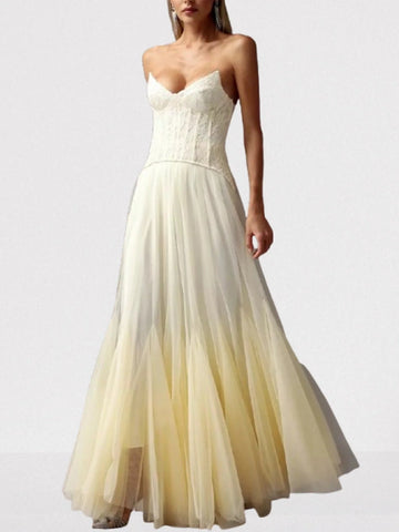 Strapless Lace Corset and Mesh Gown in Yellow
