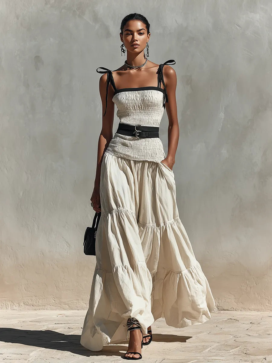 Women's Cream Linen-Blend Two-Piece Set With Smocked Top & Tiered Maxi Skirt, Timeless Boho-Chic Summer Outfit (without Belt) MDZ2526D3LYL