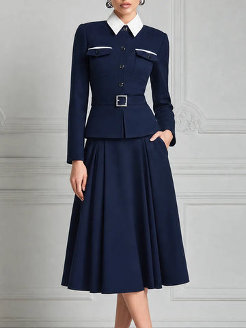 Navy Blue Color-Block Jacket And Pleated A-Line Skirt Set