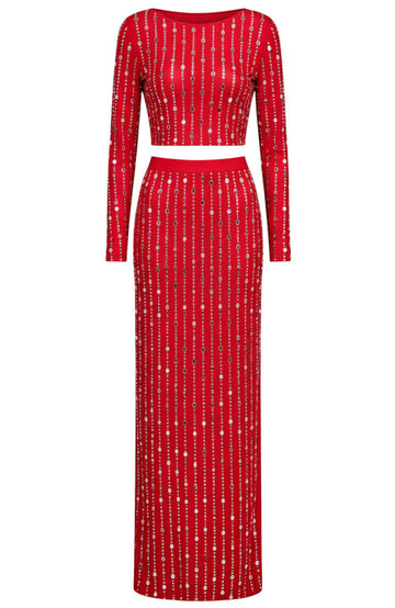 Long Sleeve Crystal Maxi Two Piece Dress Red