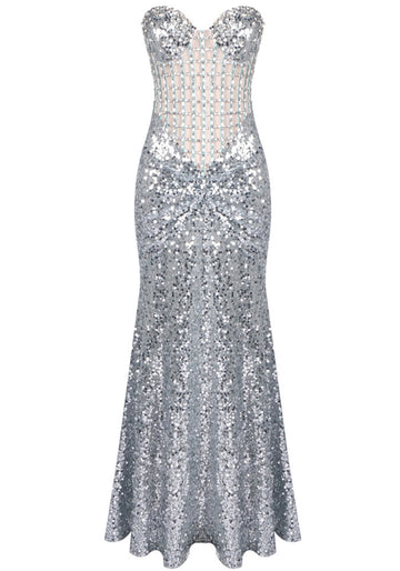 Strapless Crystal Corset Maxi Dress Silver