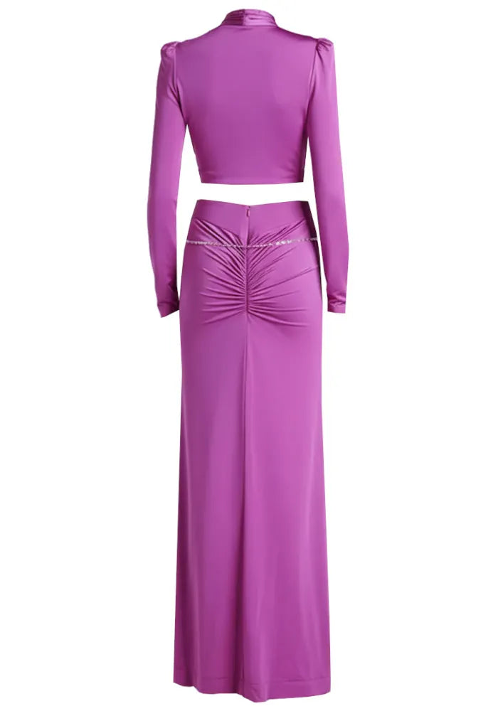 Long Sleeve Crystal Draped Maxi Dress Magenta