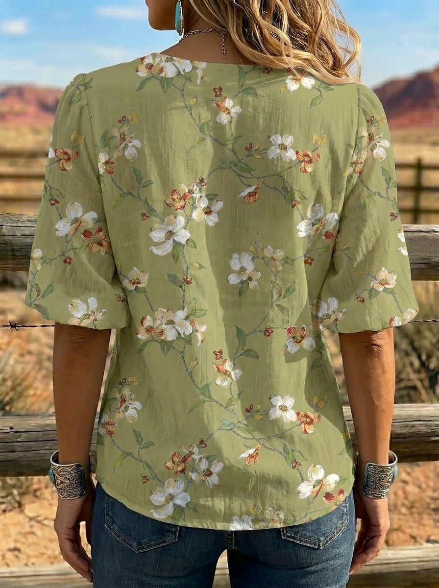 Women's Retro Floral Art Puff Sleeve Casual Shirt