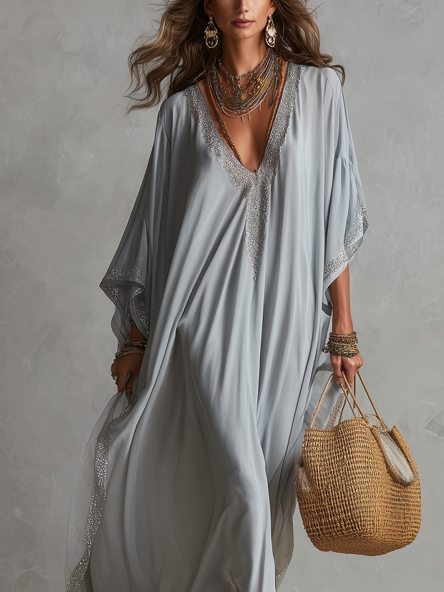 Bohemian Light Gray Sequined Cover Up Dress