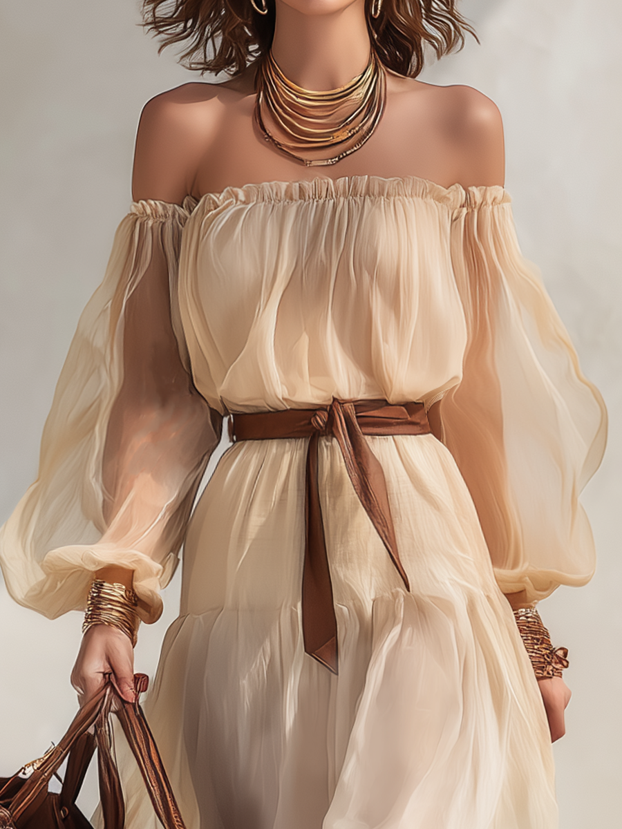 Sheer Off-the-Shoulder Puff-Sleeve Chiffon Midi Dress