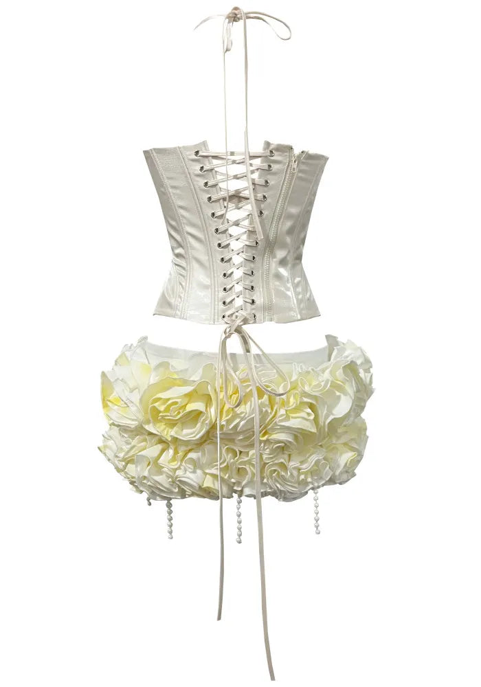 Halter Floral Corset Two Piece Dress Ivory