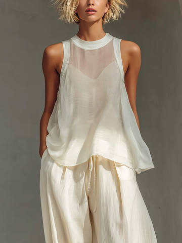 Women’s Cream Sheer Sleeveless High Neck Oversized Flowy Cami Top MDZ3000C3T