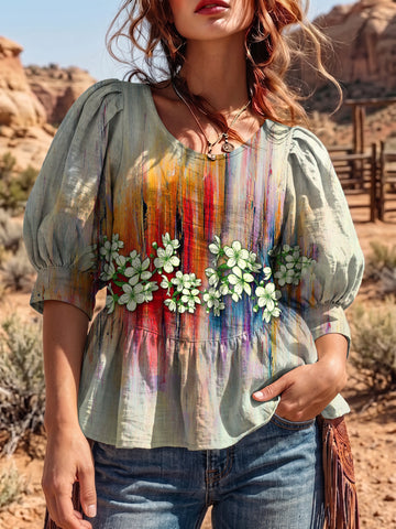 Women's Vintage Art Puff Sleeve Top