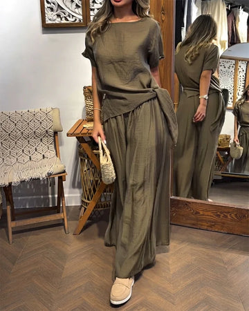 Olive Green Linen Tie Side Two Piece Lounge Set
