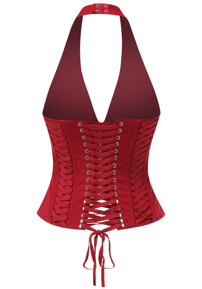 Halter Lace Up Corset Top Red