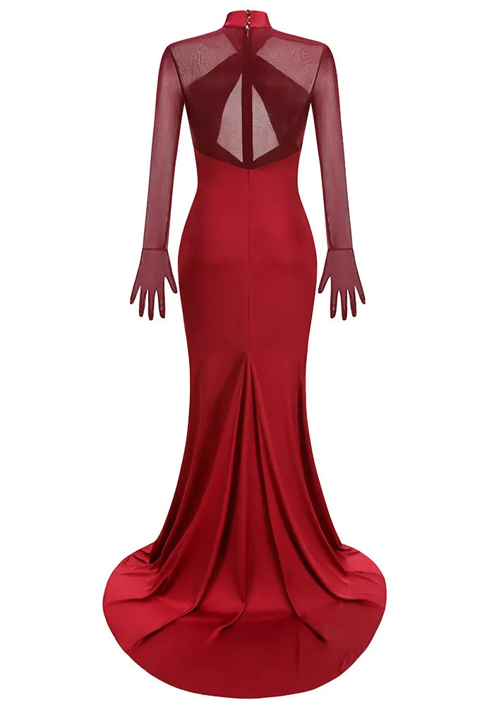 Mesh Glove Sleeves Draped Maxi Dress Red