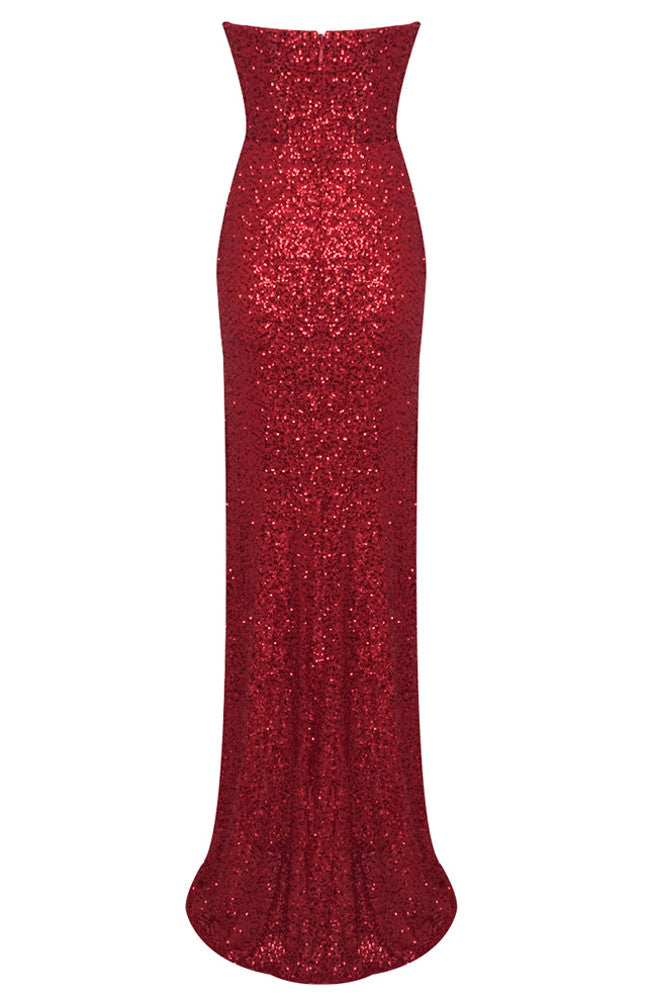 Strapless Crystal Bustier Sequin Maxi Dress Red