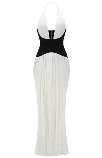Halter Structured Draped Maxi Dress Black White