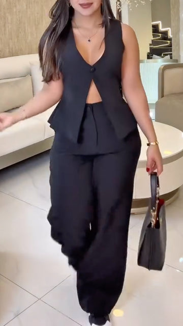 V-Neck Hollow Out Sleeveless Vest & Wide-Leg Pants Set
