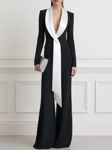Contrast Shawl Collar Long Sleeve Wide Leg Jumpsuit