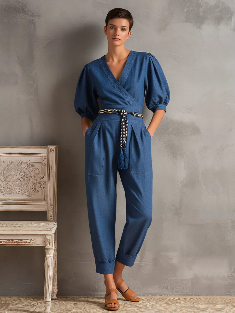 Women's Dark Blue Denim-Look Jumpsuit With Surplice Neck & Cuffed Ankles, Modern Effortless-Elegant Day Outfit MDZ2132D6LYL