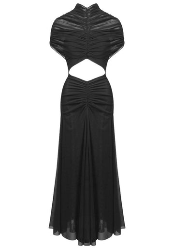 Draped Mesh A Line Maxi Dress Black