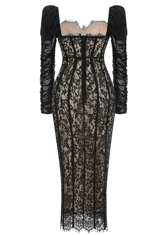 Puff Long Sleeve Lace Maxi Dress Black