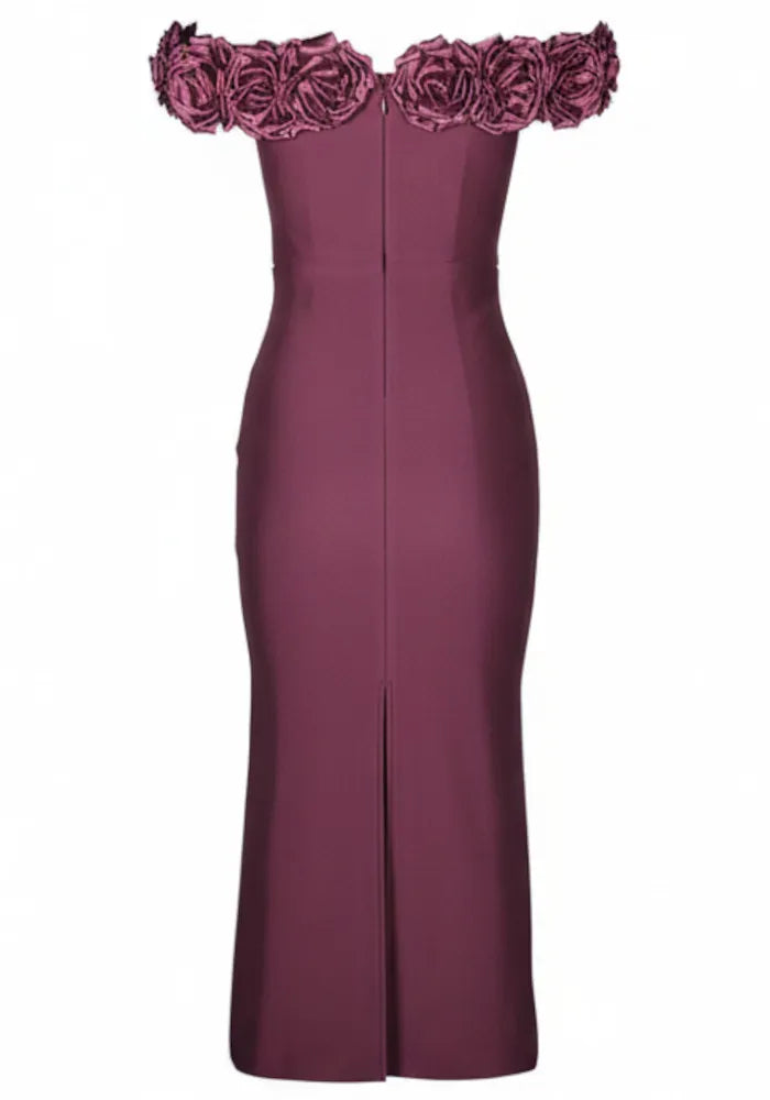 Floral Bardot Midi Dress Burgundy