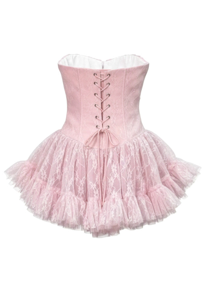 Strapless Lace A Line Corset Dress Pink