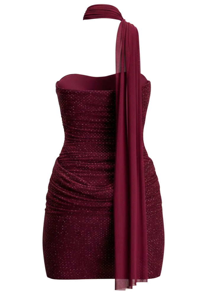 Halter Scarf Draped Sparkly Dress Burgundy