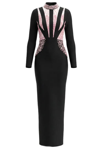 Long Sleeve Pearl Crystal Maxi Dress Black Pink