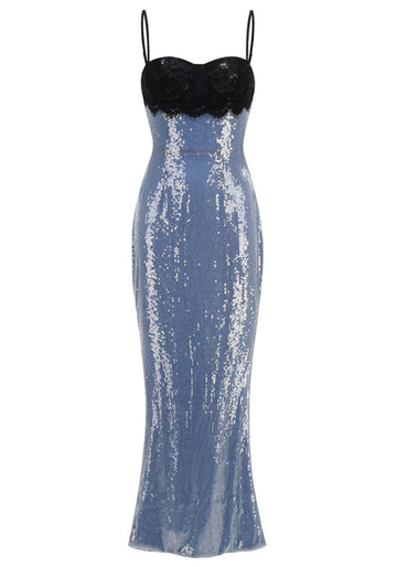 Lace Bustier Backless Sequin Maxi Dress Blue Black