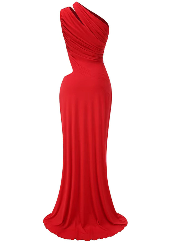 One Shoulder Ruched Cut Out Maxi Dress Red