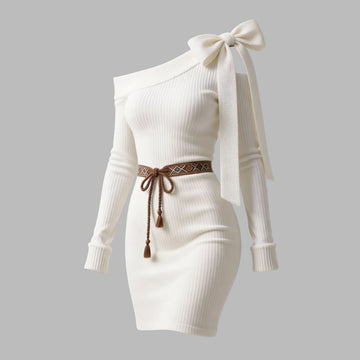 Elegant, Super Stretchy, Asymmetrical, Off-the-shoulder, One-shoulder Dress With Bow Detailing For Women.
