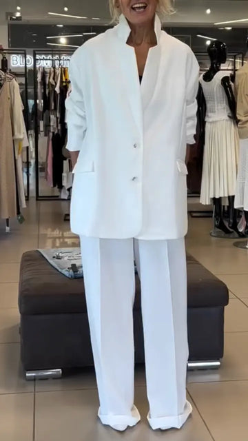Oversized White Blazer Wide Leg Trousers Suit Set