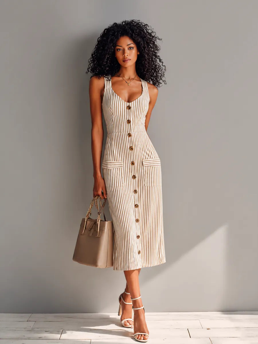Women's French Vintage Brown And White Striped Cotton Blend Single-breasted Slim-fit Midi Dress MDZ2835D3GMJ