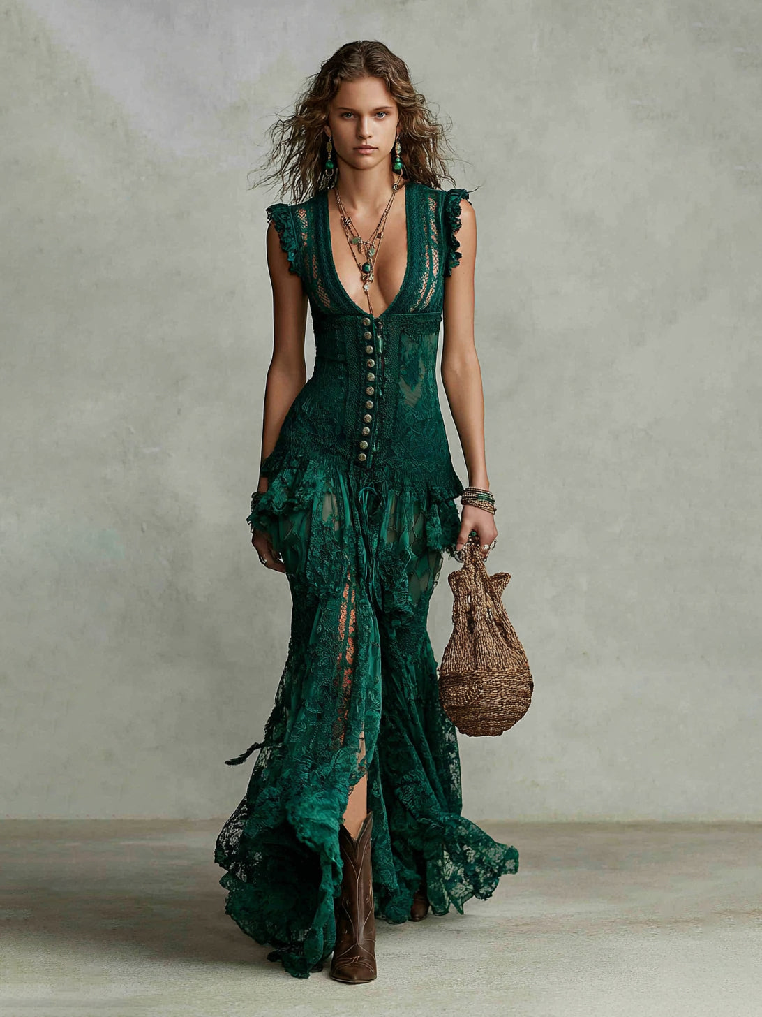 Lace Maxi Dress With Deep V-Neck And Ruffled Hem For Women