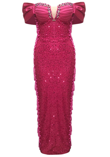 Bardot Crystal Bustier Sequin Maxi Dress Hot Pink