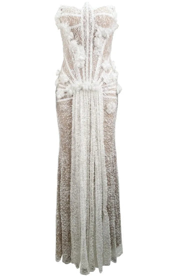 Strapless Pearl Sequin Lace Corset Maxi Dress White