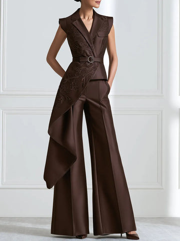 Embroidered Asymmetric Vest And Wide-Leg Pants Set