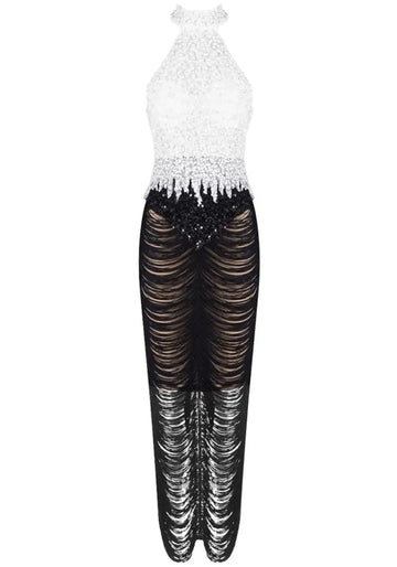 Pearl Sequin Tassel Maxi Dress White Black