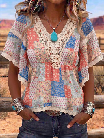 Vintage Art Patchwork Lace Comfortable Summer Fabrics Casual Shirt